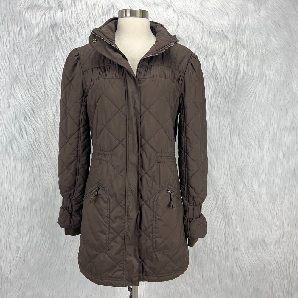 Title Nine Womens S Quilted Jacket Coat Brown Full Zip Hideaway Hood Lightweight